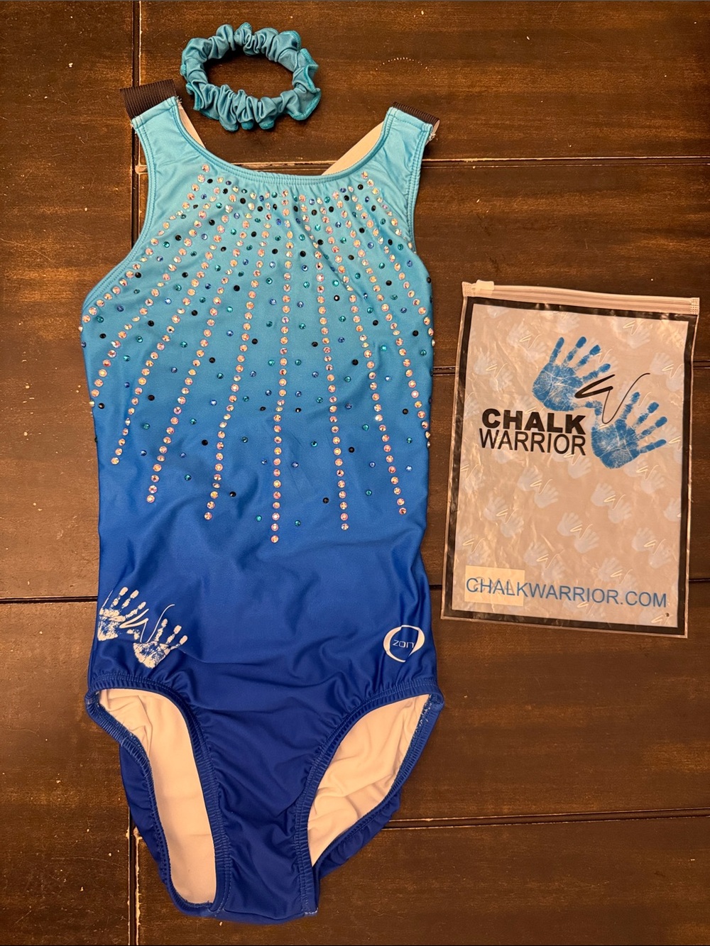 Chalk Warrior x Ozone Teal Blue Ombré Gymnastics Leotard w/Rhinestones